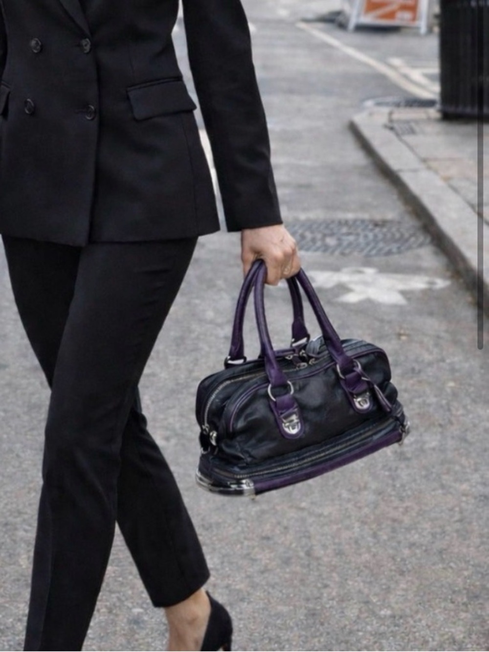 Mania Italy Leather Satchel Purple/Black Handbag Bottom Compartment Doctors Bag
